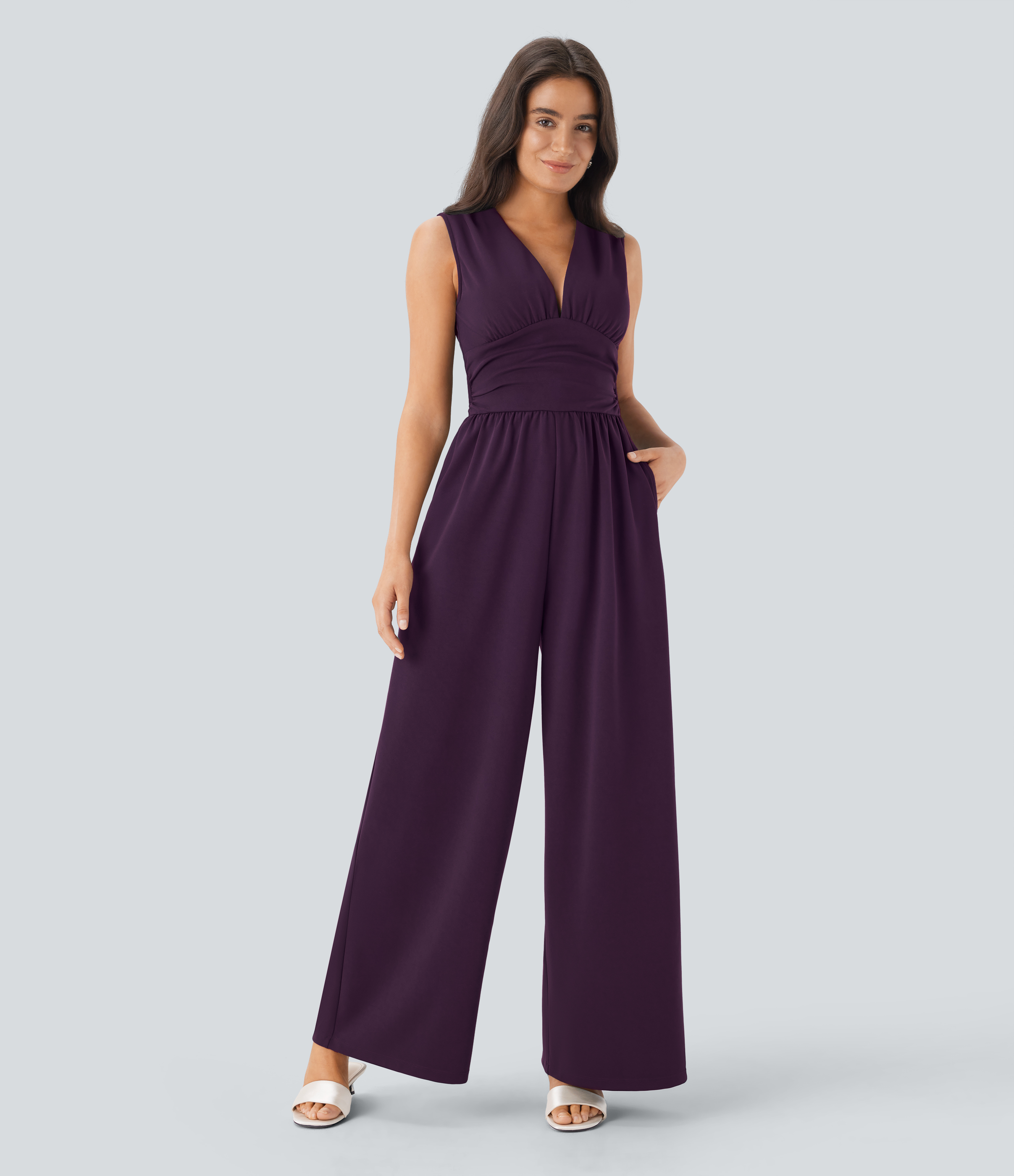 V Neck Sleeveless Ruched Pocket Jumpsuit-Easy Peezy