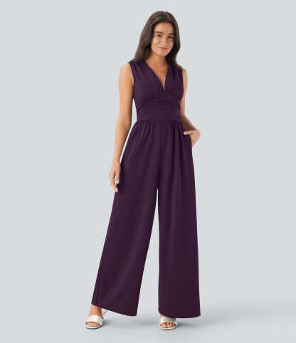 V Neck Sleeveless Ruched Pocket Jumpsuit-Easy Peezy