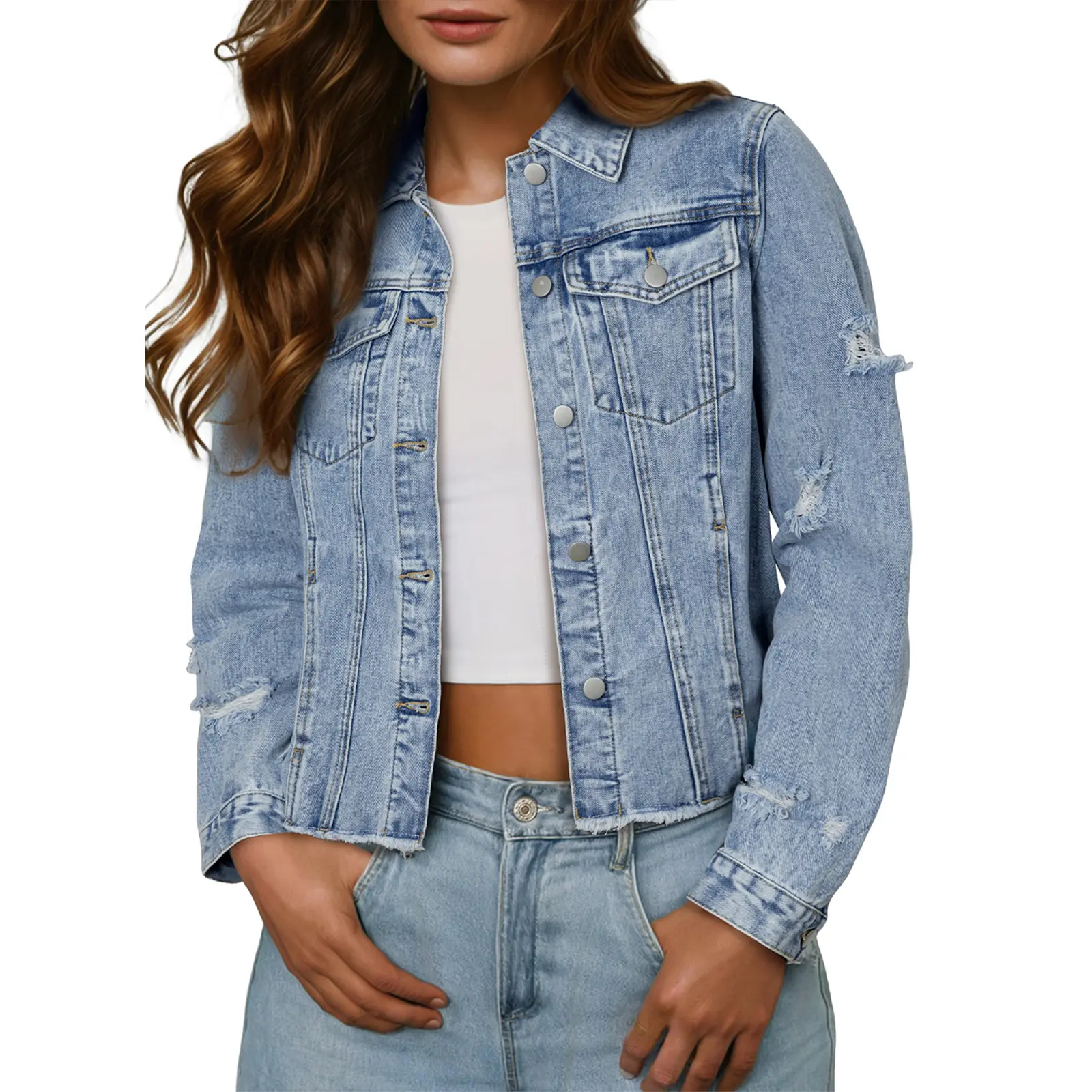Women's Casual Short Jean Jackets Non Stretch Distressed Ripped  Lapel Long Sleeve Denim Jacket Outwear Tops