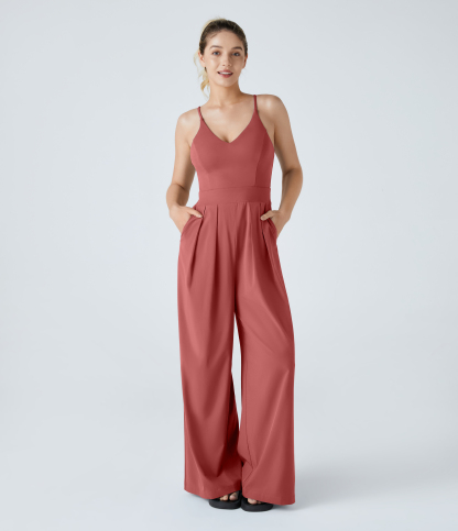 Backless Side Invisible Zipper Pocket Wide Leg Quick Dry Resort Slip Jumpsuit