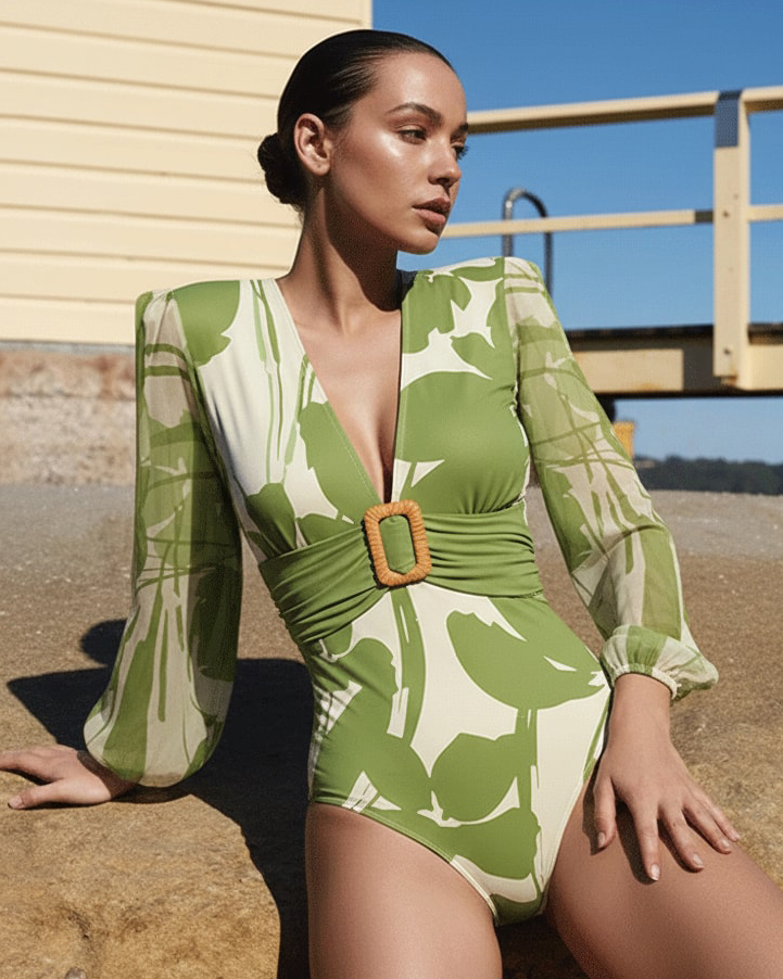 V Neck Long Sleeve Flower Print One Piece Swimsuit and Pants