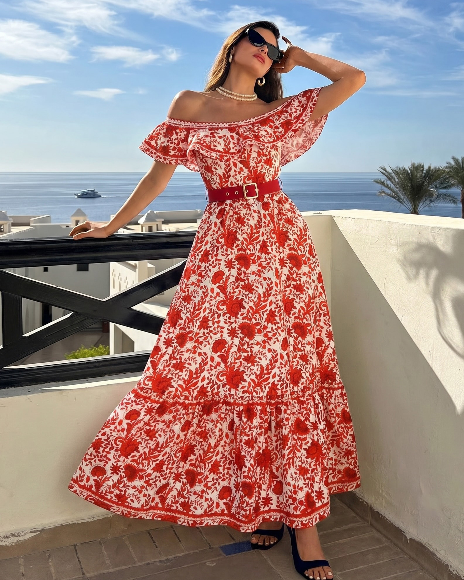 Bandeau Ruffled Red Flower Silhouette Print One Piece Swimsuit and Skirt