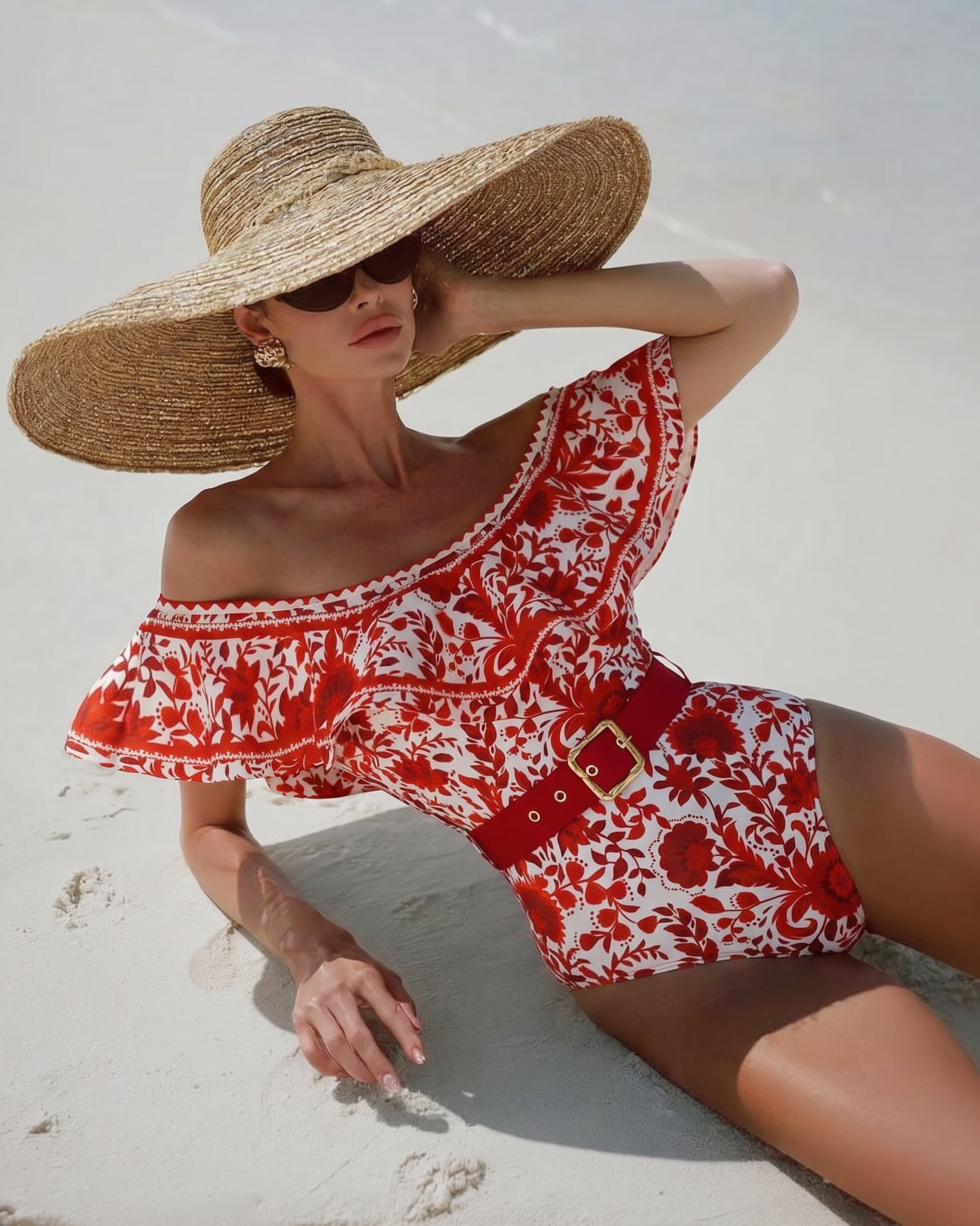 Bandeau Ruffled Red Flower Silhouette Print One Piece Swimsuit and Skirt