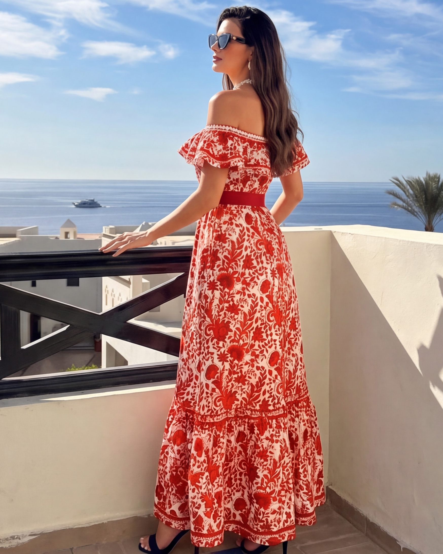 Bandeau Ruffled Red Flower Silhouette Print One Piece Swimsuit and Skirt