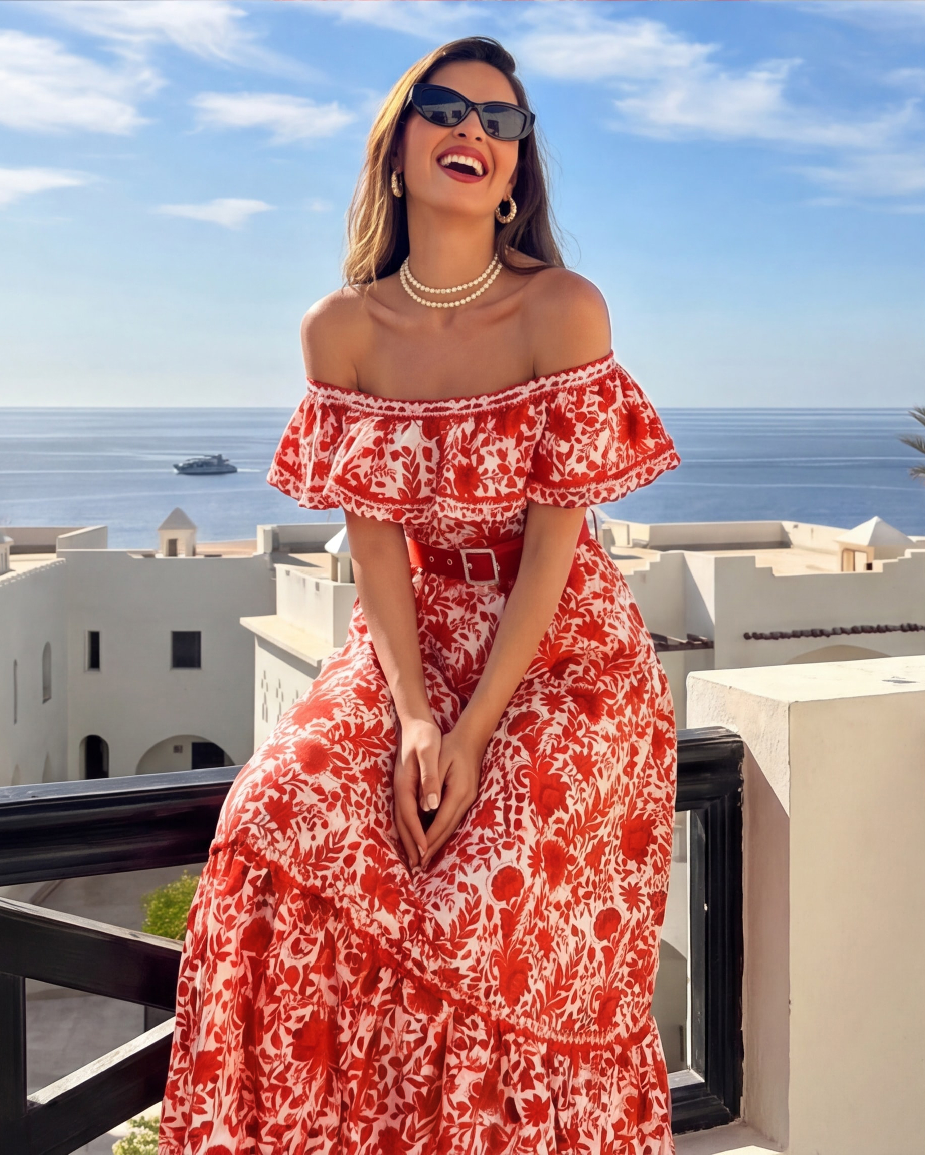Bandeau Ruffled Red Flower Silhouette Print One Piece Swimsuit and Skirt