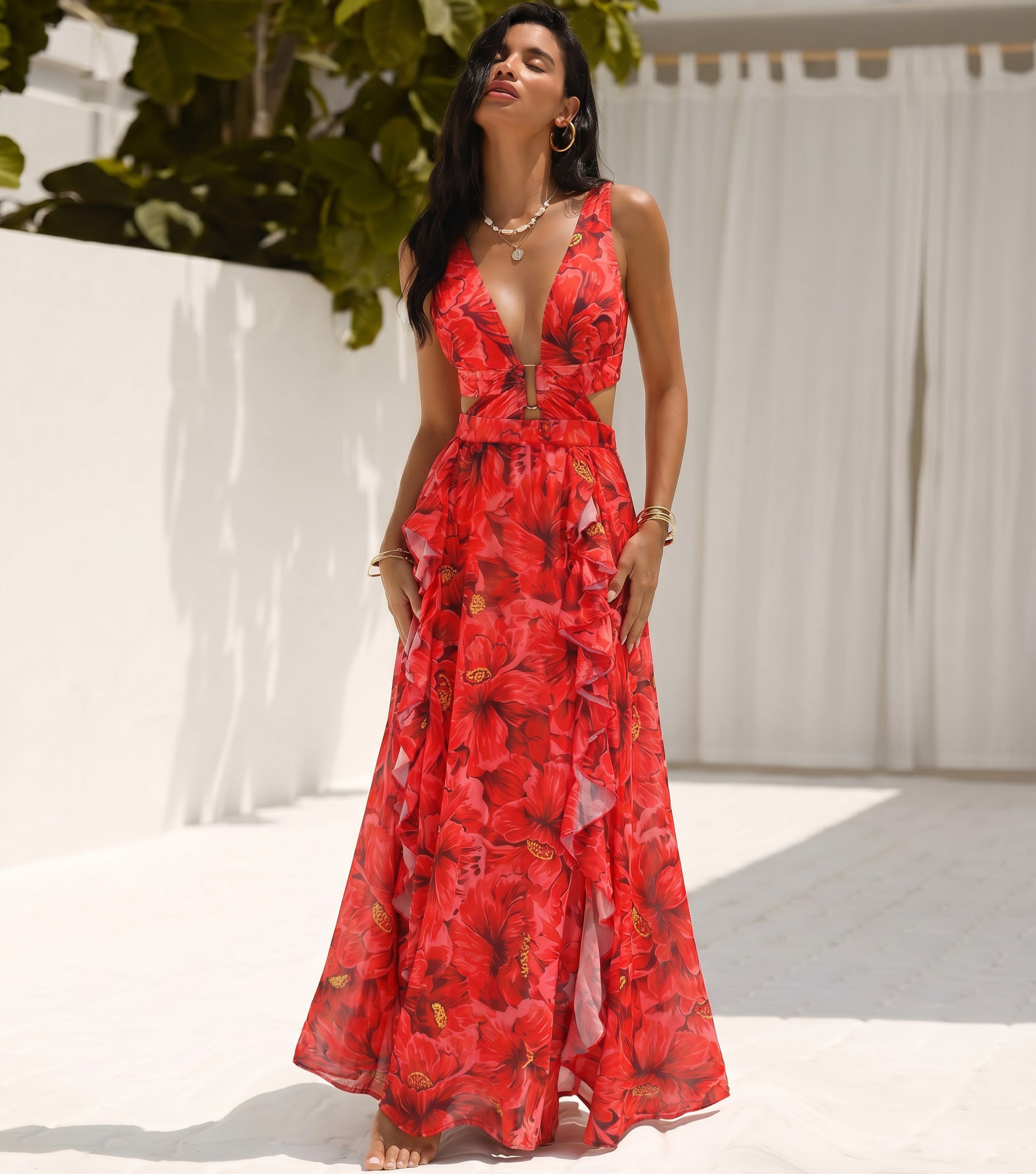 Blooming Red Flower Print Cut Out One Piece Swimsuit and Skirt