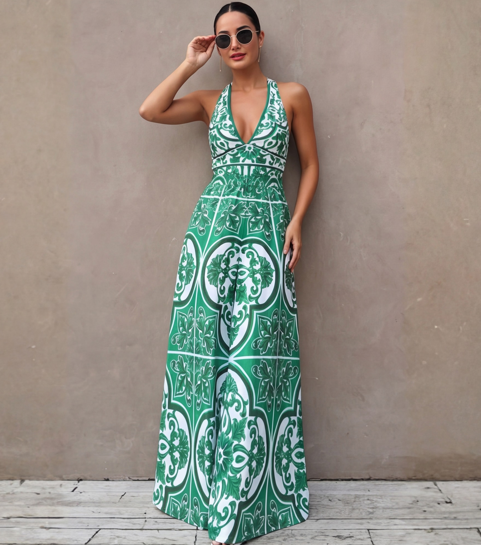 V Neck Classic Majolica Series Pattern Print One Piece Swimsuit and Pants or Skirt
