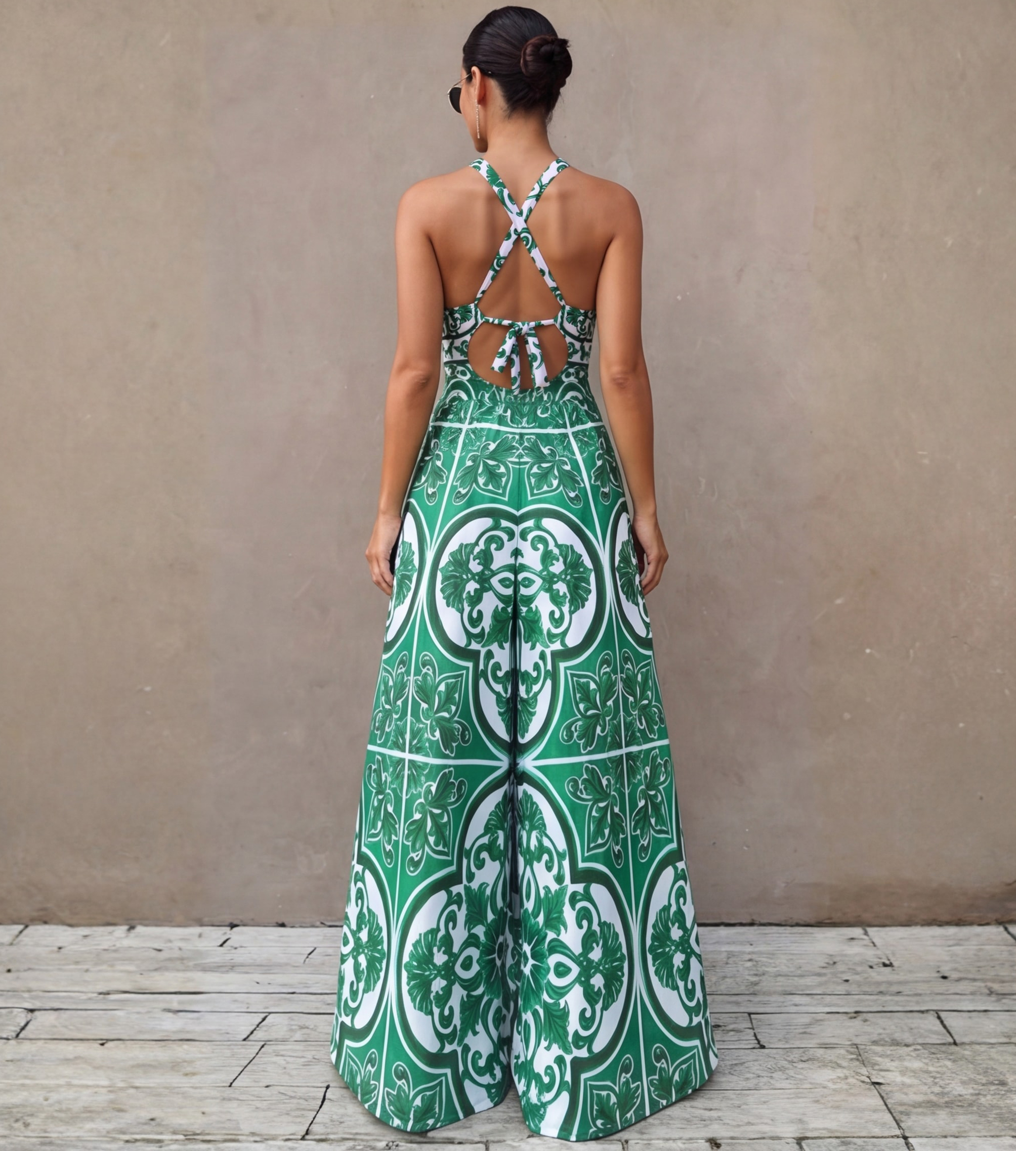 V Neck Classic Majolica Series Pattern Print One Piece Swimsuit and Pants or Skirt
