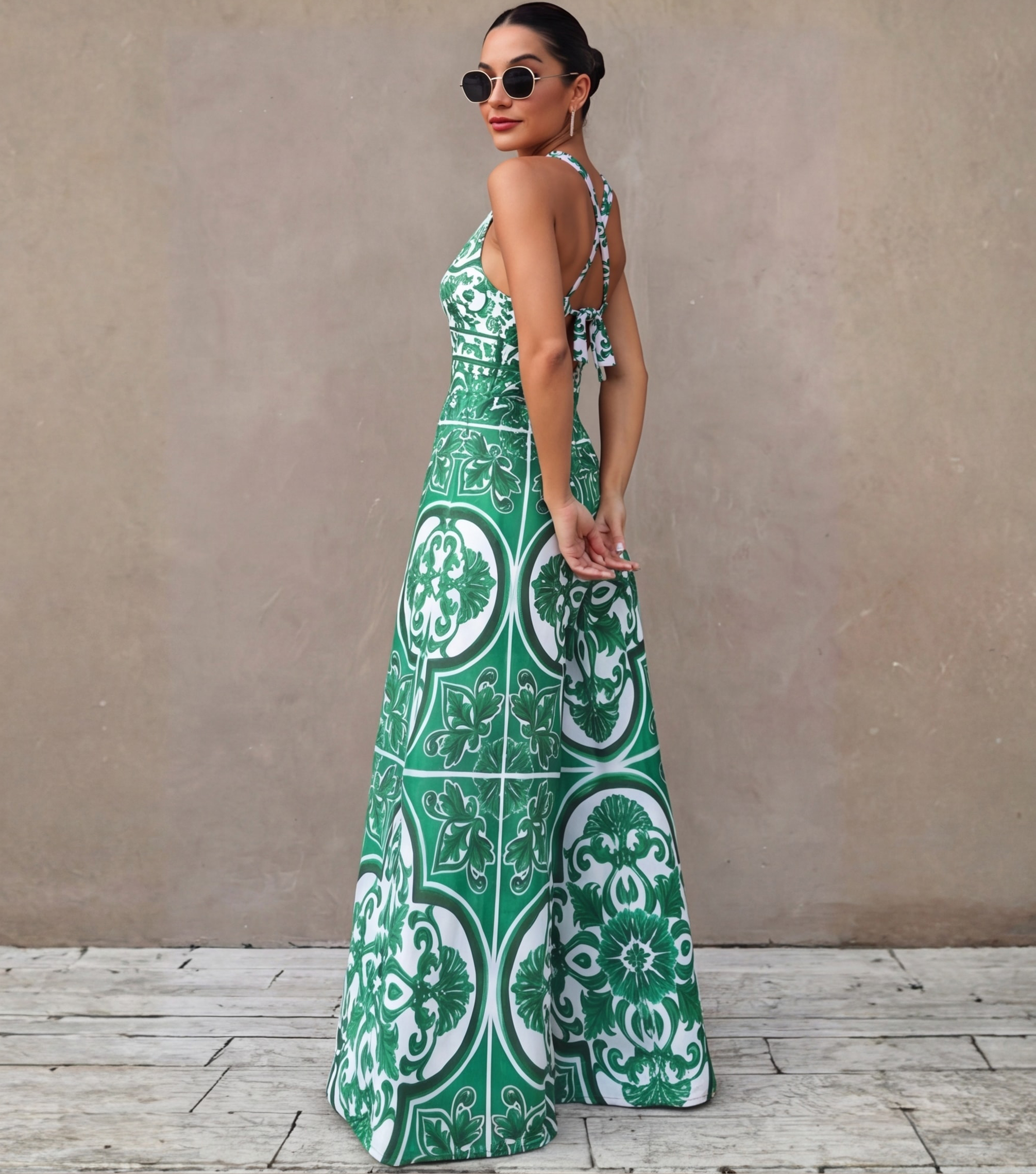 V Neck Classic Majolica Series Pattern Print One Piece Swimsuit and Pants or Skirt