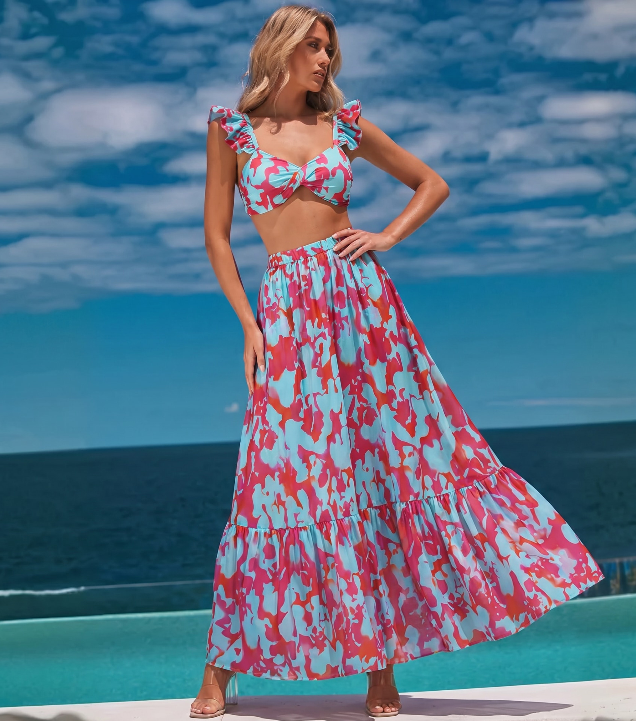 Plus Size Printed Ruffle Bikini Swimsuit and Skirt