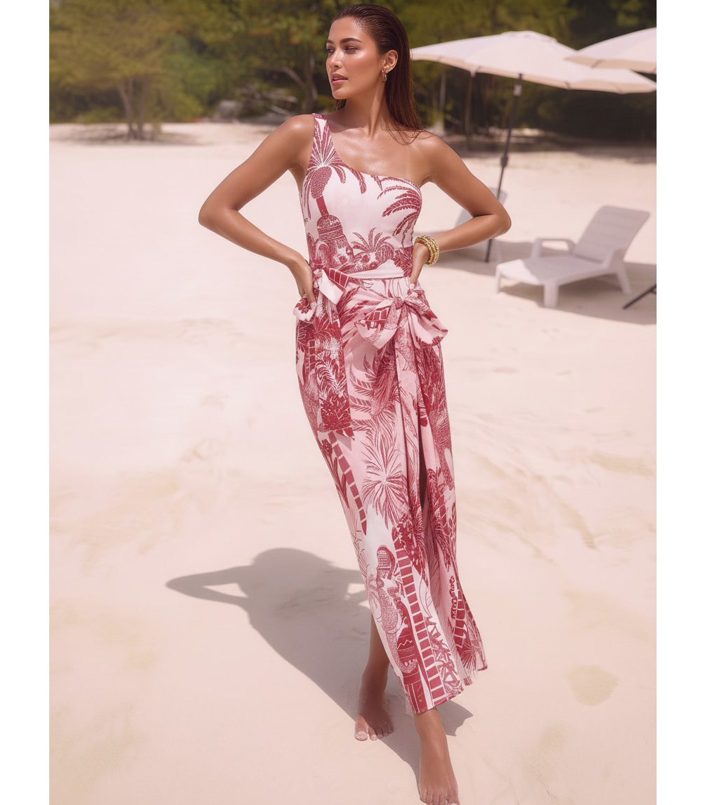 One Shoulder Coconut Palm Print One Piece Swimsuit and Sarong