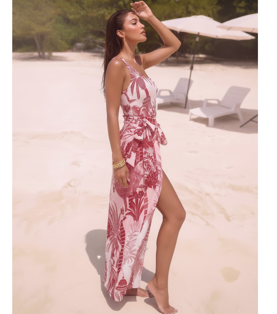 One Shoulder Coconut Palm Print One Piece Swimsuit and Sarong