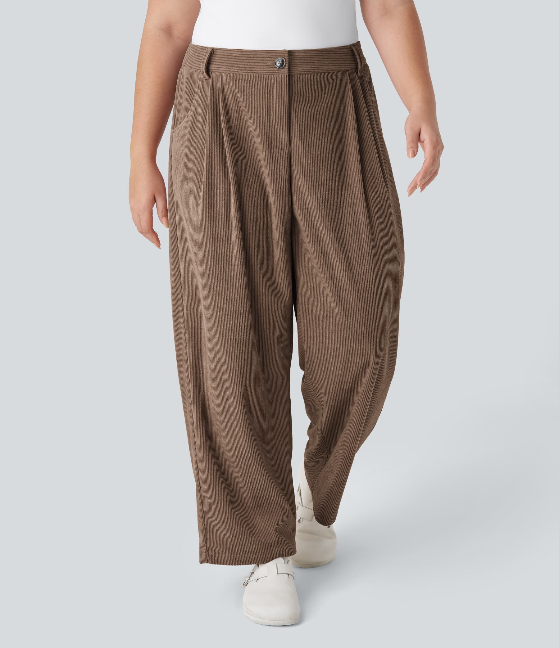 Mid Rise Zipper Pocket Plus Size Corduroy Casual Pants