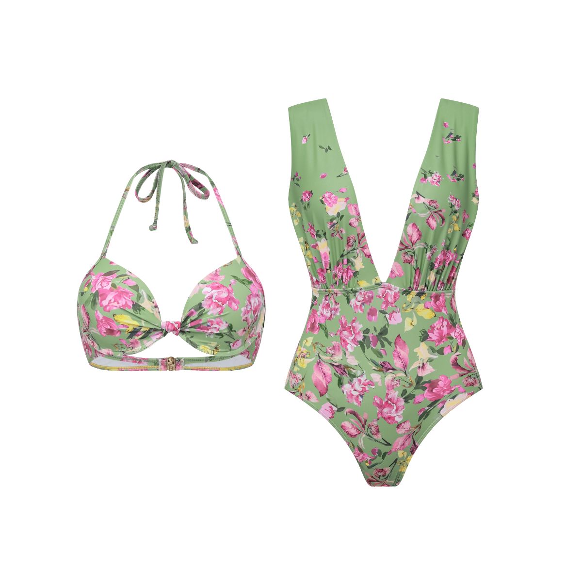 Floral Bikini & Plunging Ruched Swim Set