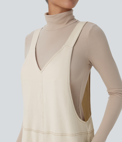 V Neck Pocket Washed Denim Casual Overalls