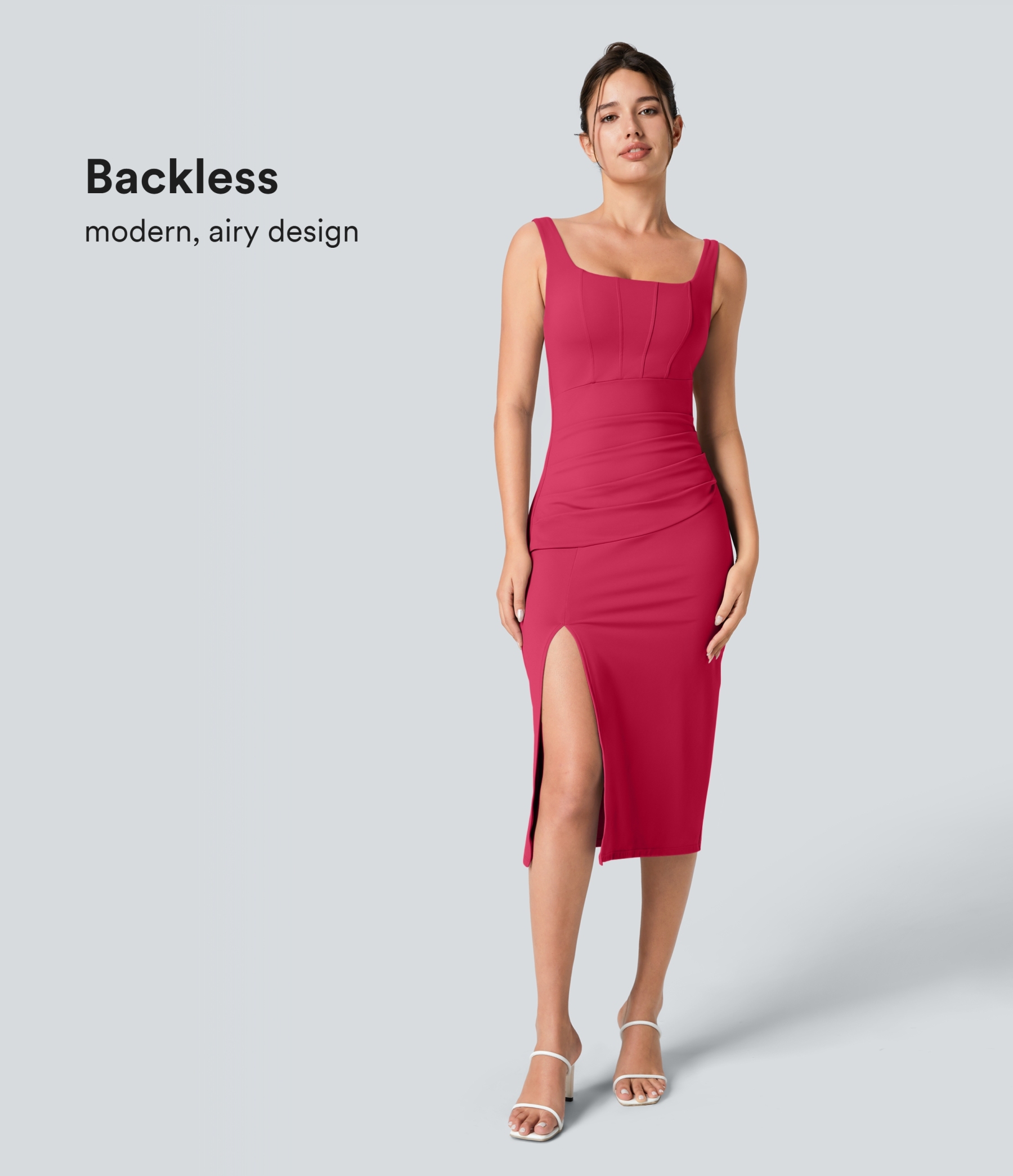 Airy Square Neck Backless Corset Ruched Split Bodycon Midi Cool Touch Bridesmaid and Wedding Guest Dress