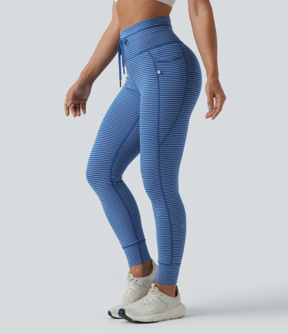 High Waisted Drawstring Striped Yoga Leggings with Pockets