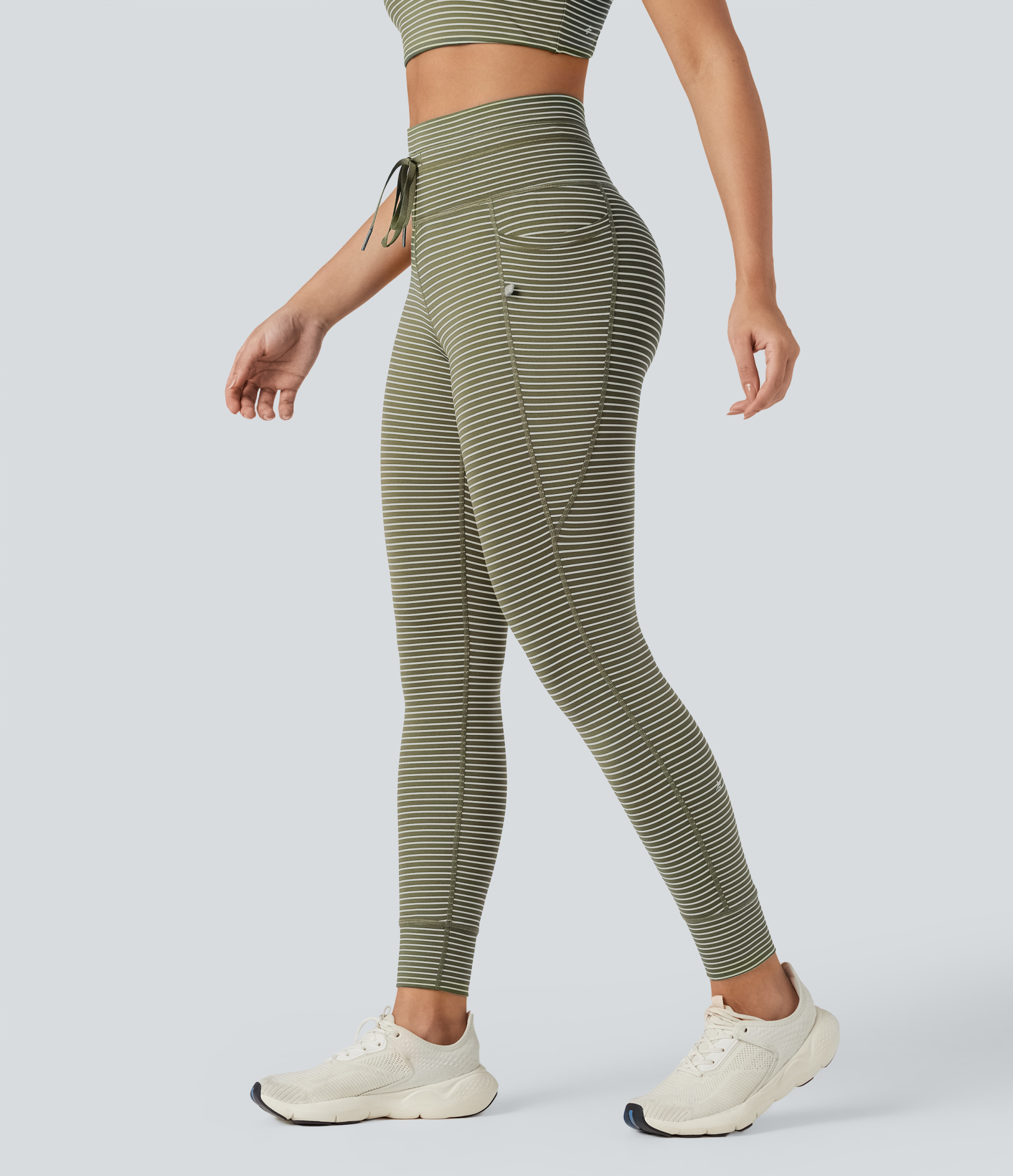 High Waisted Drawstring Striped Yoga Leggings with Pockets