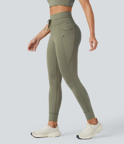 High Waisted Drawstring Striped Yoga Leggings with Pockets