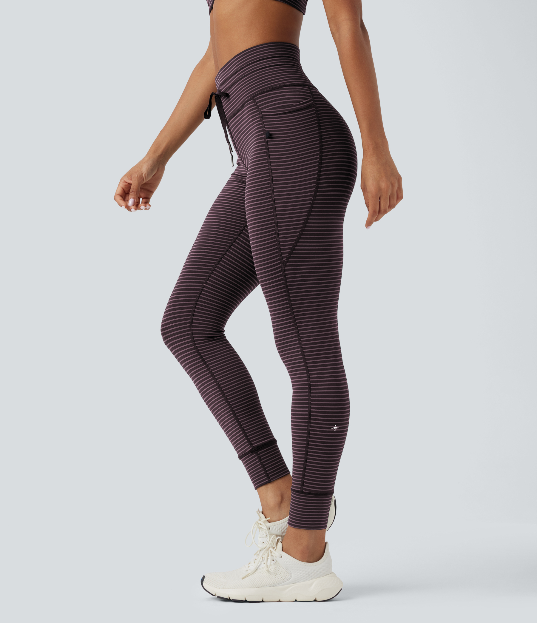 High Waisted Drawstring Striped Yoga Leggings with Pockets