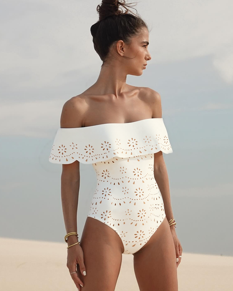 Laser Three Pieces Set Hollow Out One Piece Swimsuit and Skirt