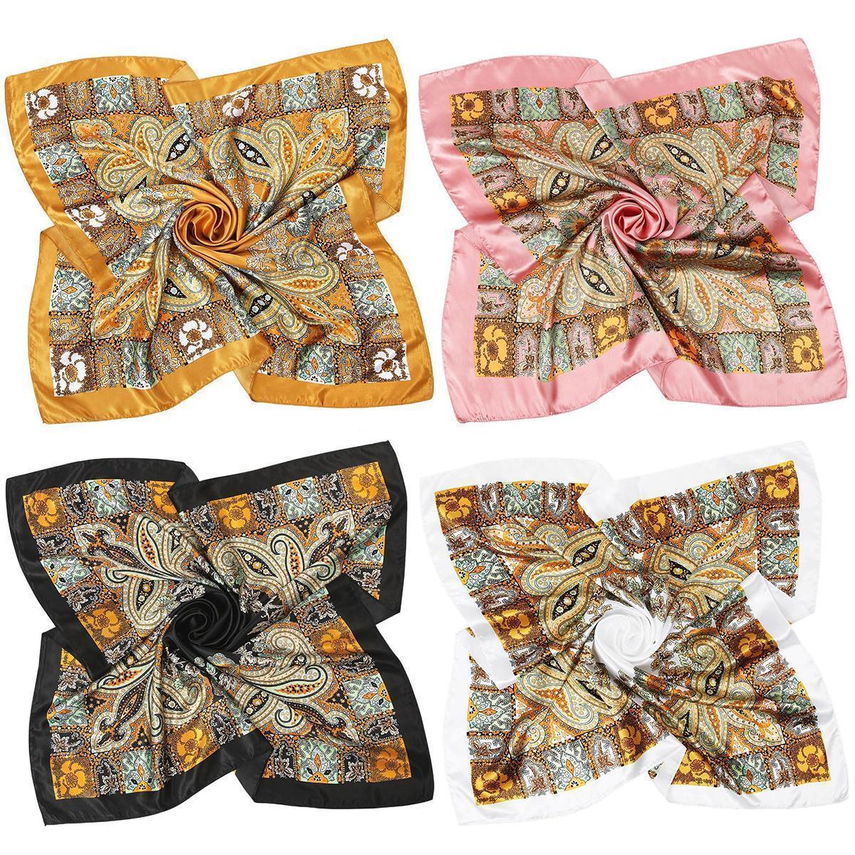 AWAYTR 4 Pack Shawl Scarf Set for Women, 35" Large Square Silk-Like Satin Head Wrap, Allover Print Fashion Neck Shawl Accessories for Women, Floral Print Scarf, Decorative Scarf