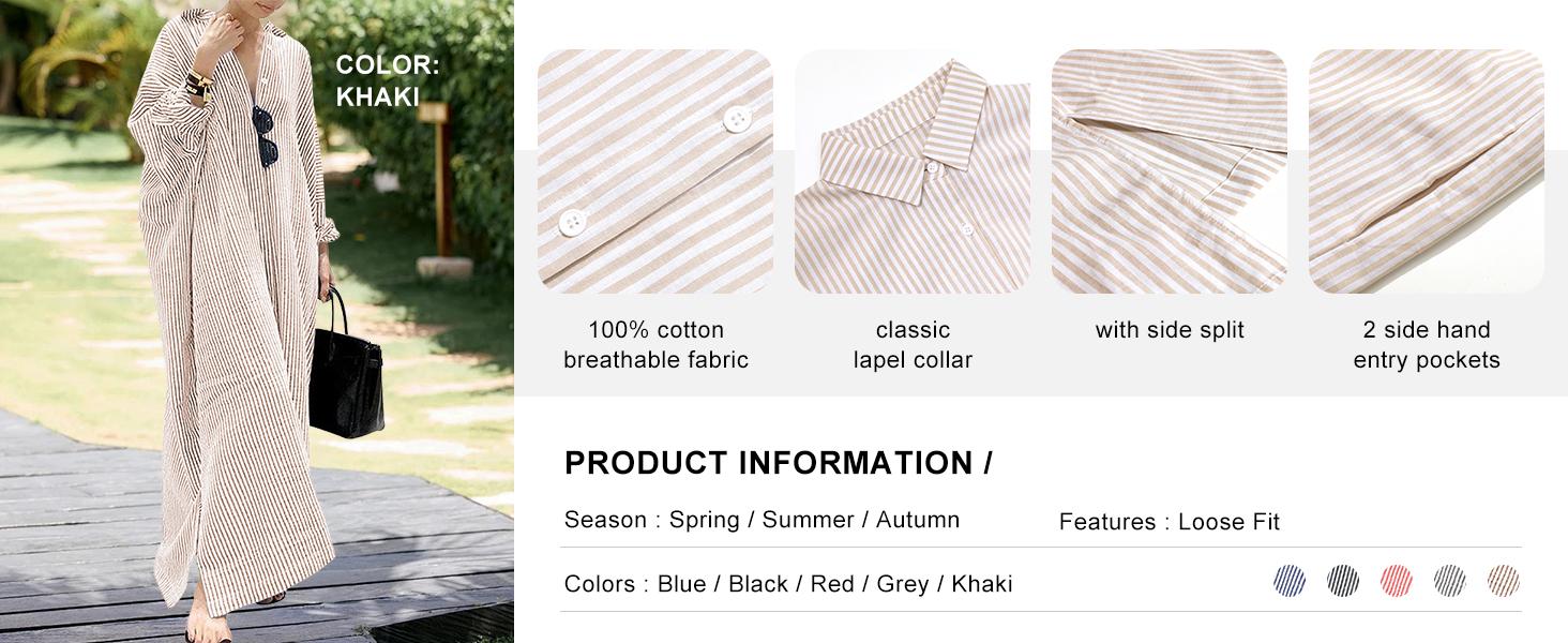 Chouyatou Women's Casual Long Sleeve Button Down Loose Striped Cotton Maxi Shirt Dress Grey Caftan Comfy Basic Batwing Sleeves Breathable Lightweight Beach Clothes Womenswear Bikini Elegant Fit