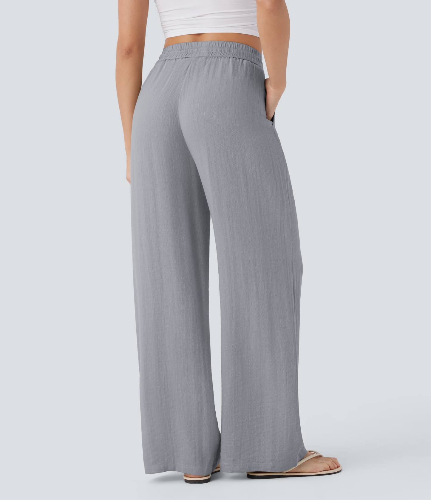 High Waisted Drawstring Pocket Wide Leg Casual Linen-Feel Pants