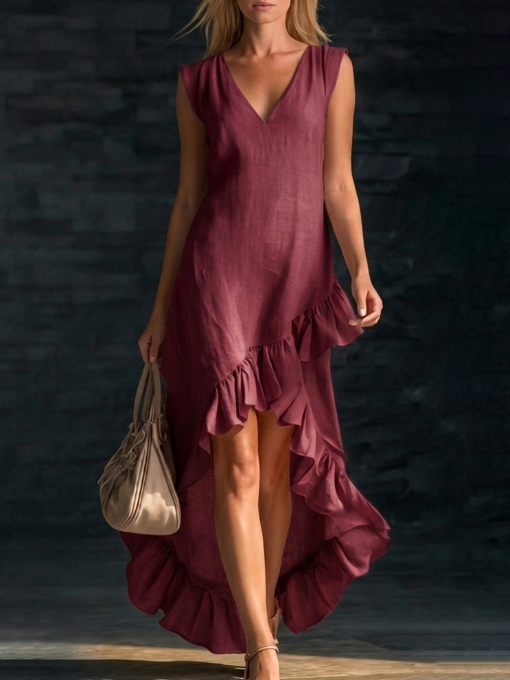 2026 European And American Cross-Border Amazon New Fashion And Romantic Sleeveless V-Neck Ruffled Hem Cotton And Linen Long Dress