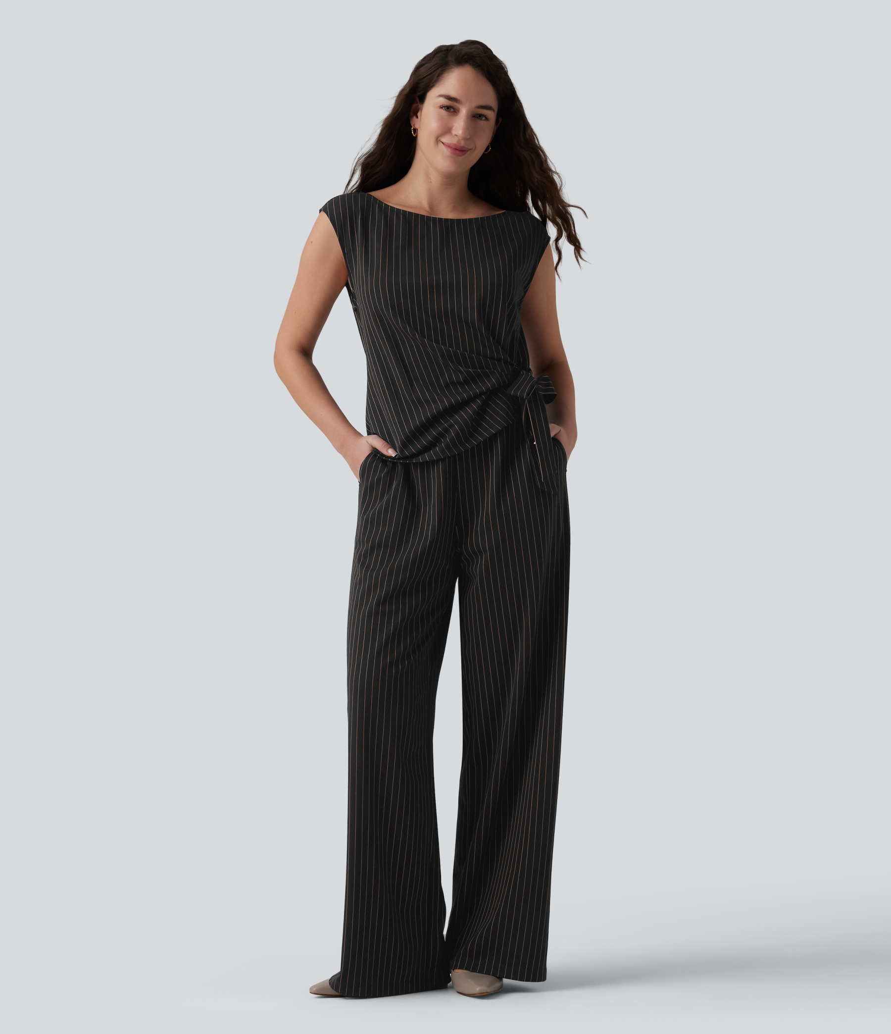 Boat Neck Sleeveless Tie Side Cool Touch Stripe Work Jumpsuit with Pockets-Easy Peezy Edition