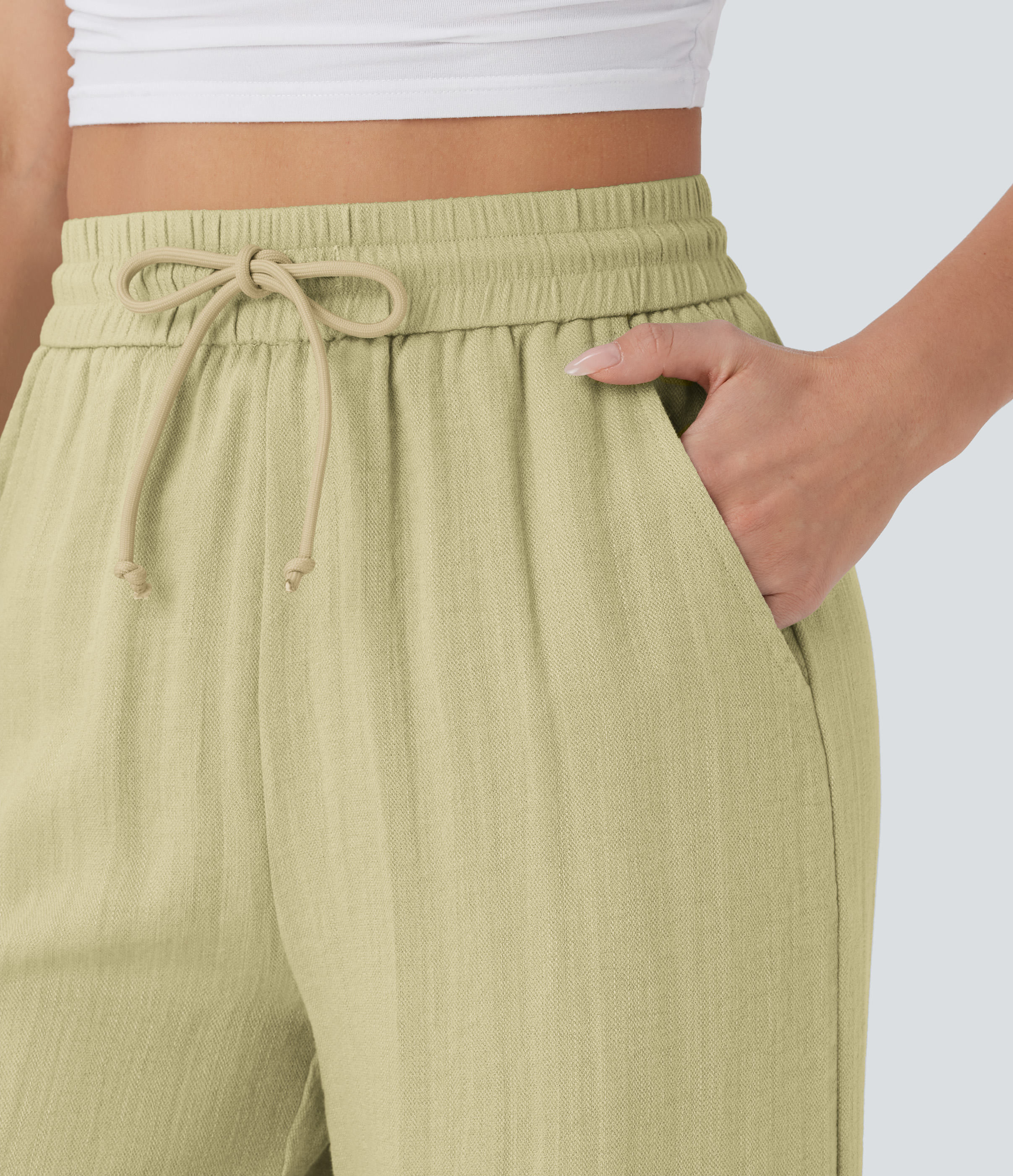 High Waisted Drawstring Pocket Wide Leg Casual Linen-Feel Pants
