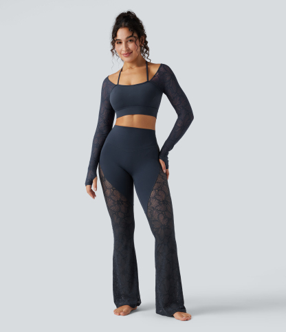 High Waisted Tummy Control Contrast Lace Yoga Flare Leggings with Pocket