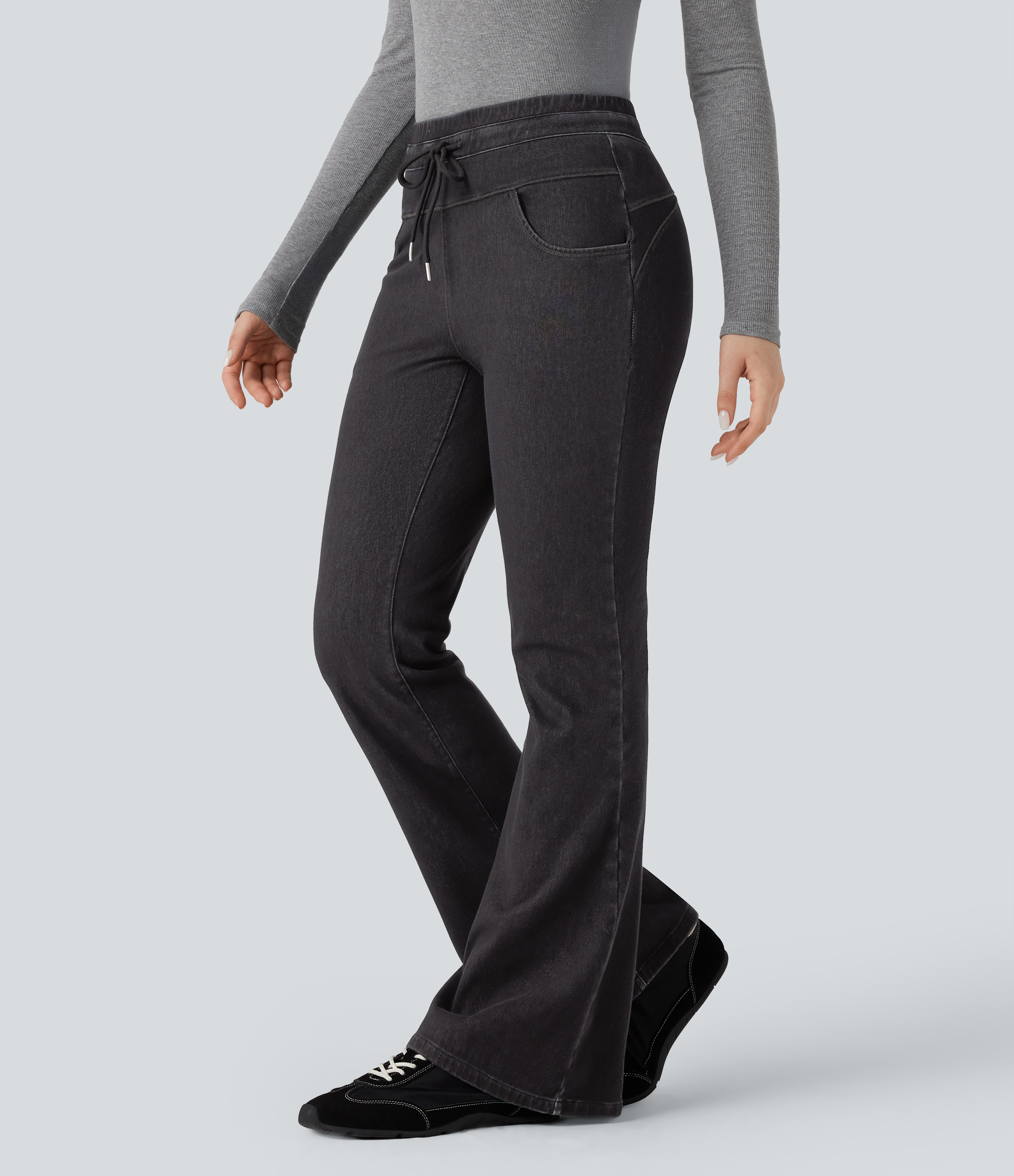 Denim Heat High Waisted Drawstring Casual Flare Leggings with Pockets