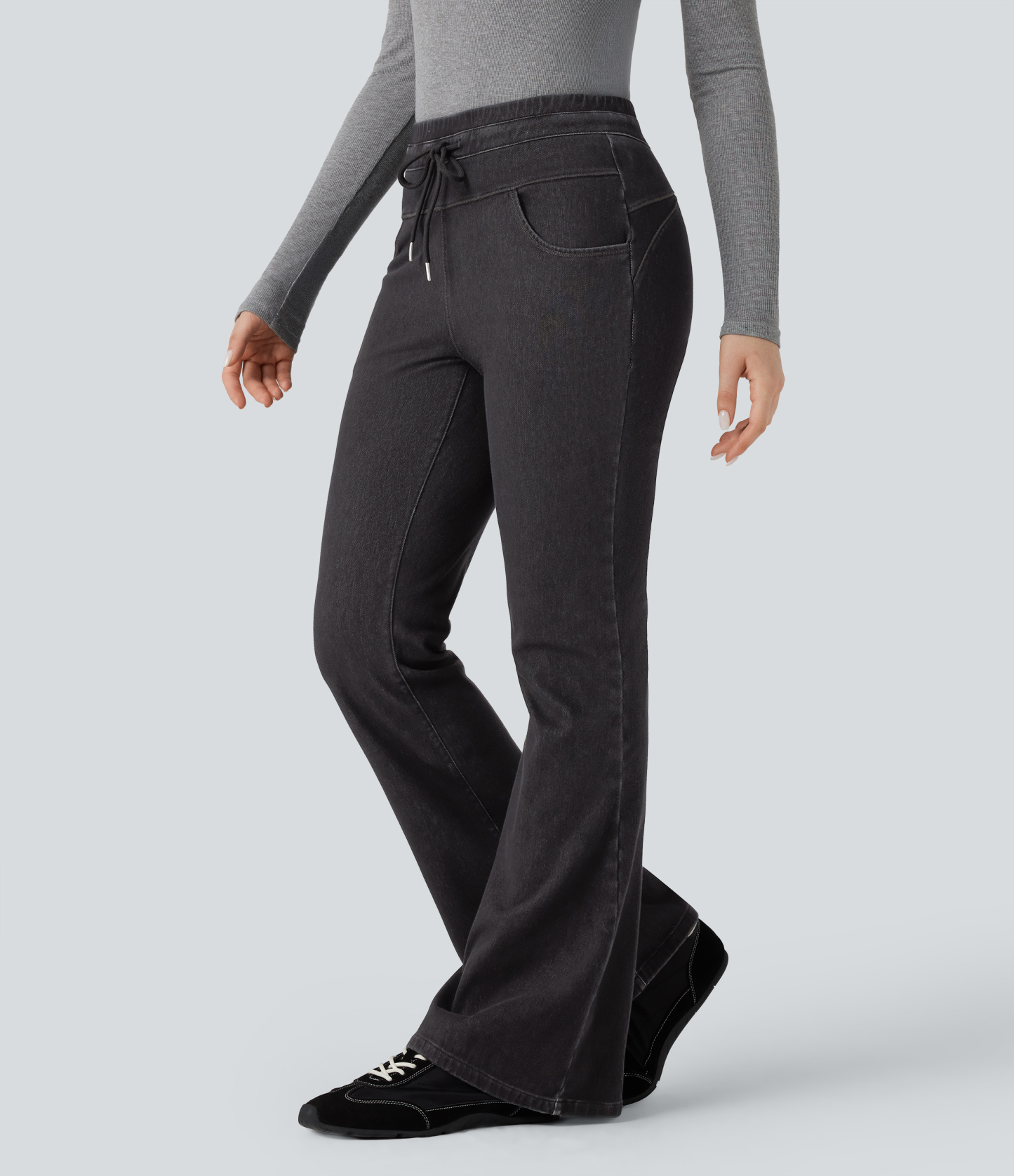 Denim Heat High Waisted Drawstring Casual Flare Leggings with Pockets