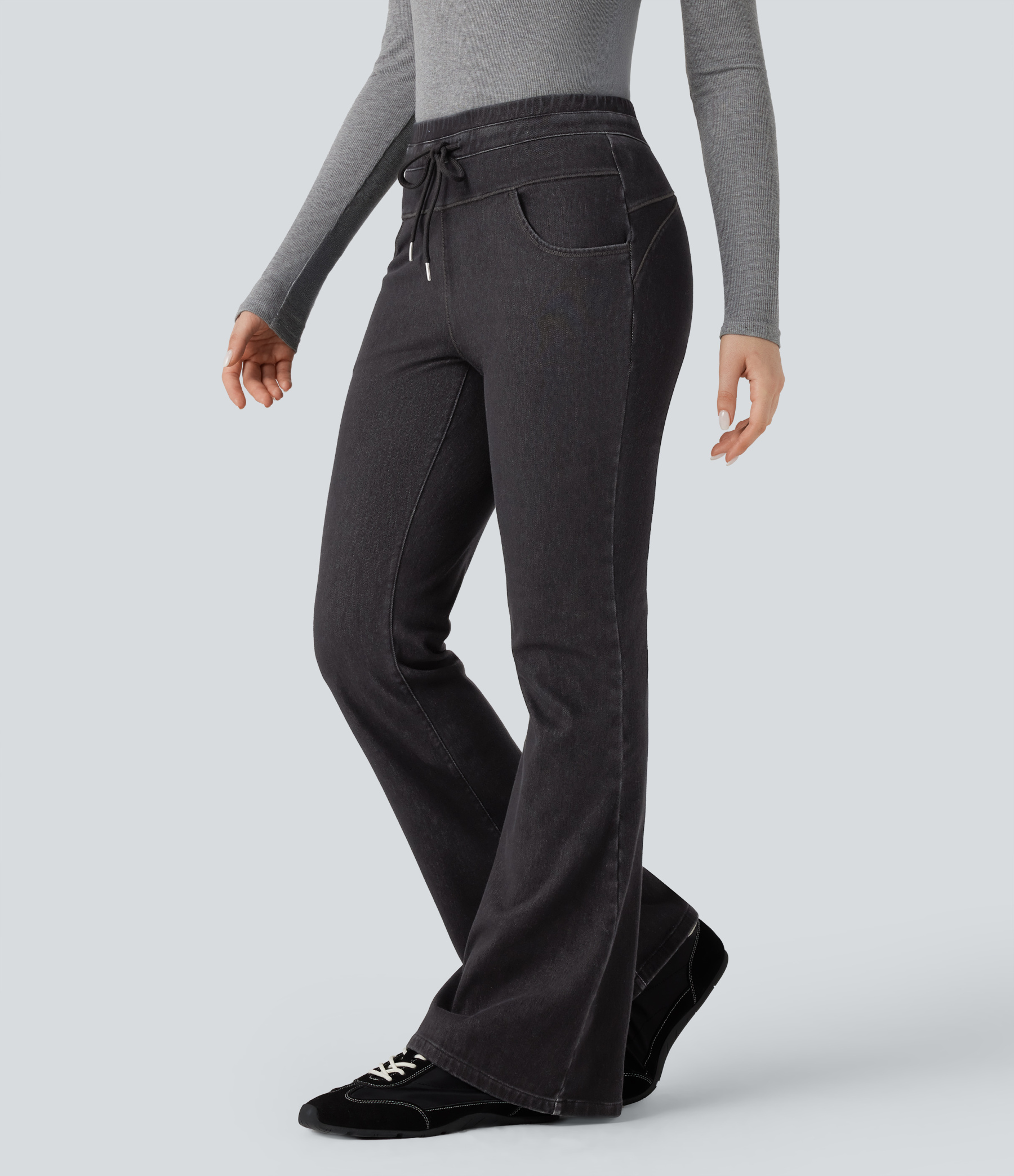 Denim Heat High Waisted Drawstring Casual Flare Leggings with Pockets