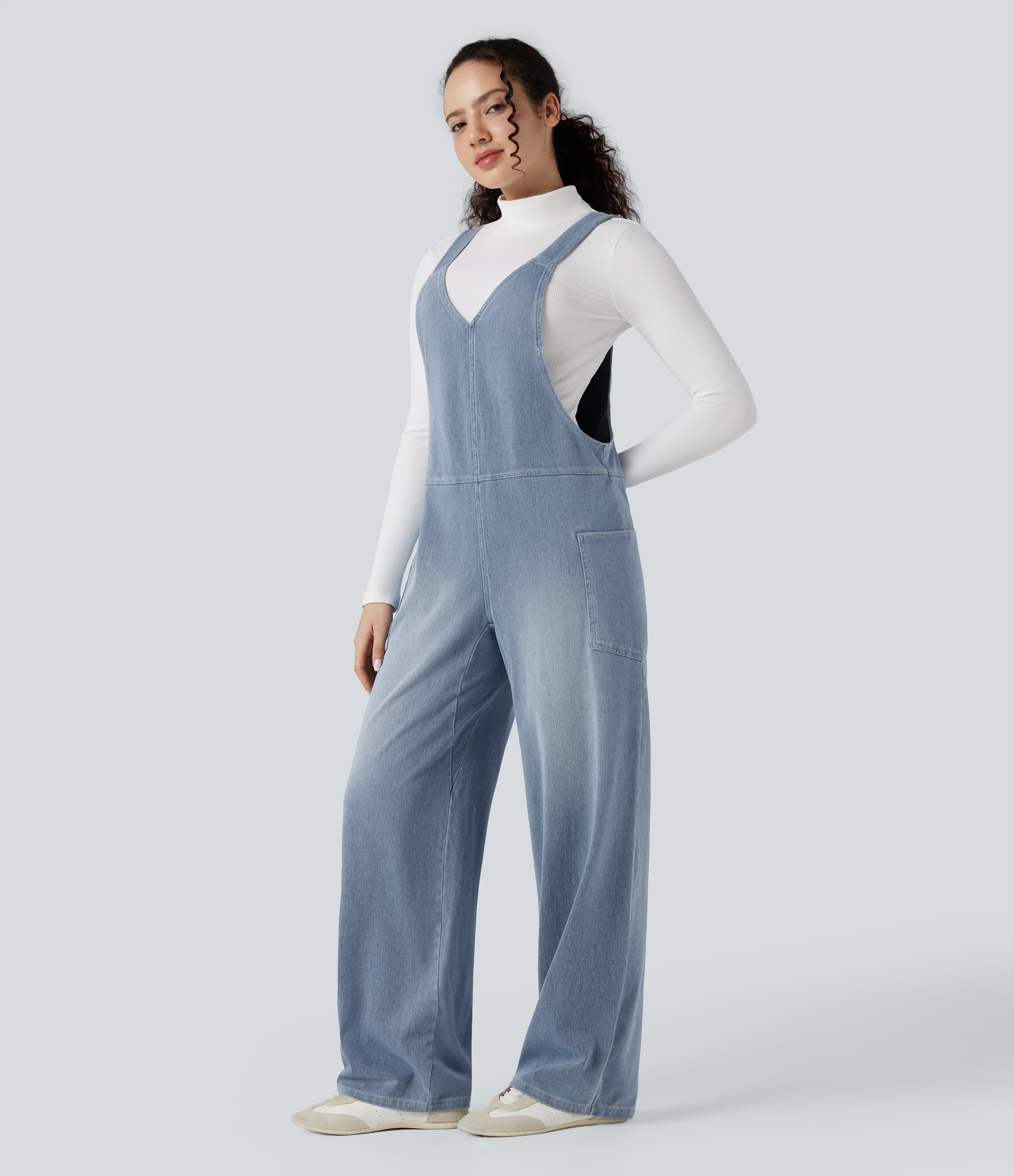 V Neck Pocket Washed Denim Casual Overalls