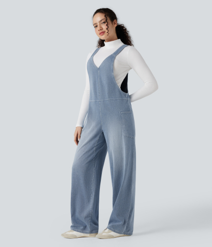 V Neck Pocket Washed Denim Casual Overalls