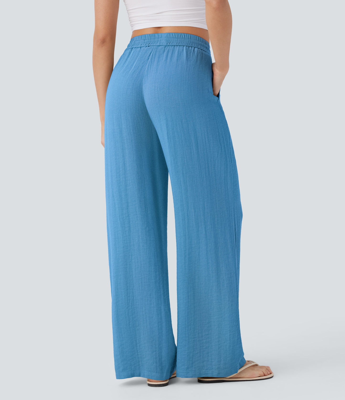 High Waisted Drawstring Pocket Wide Leg Casual Linen-Feel Pants