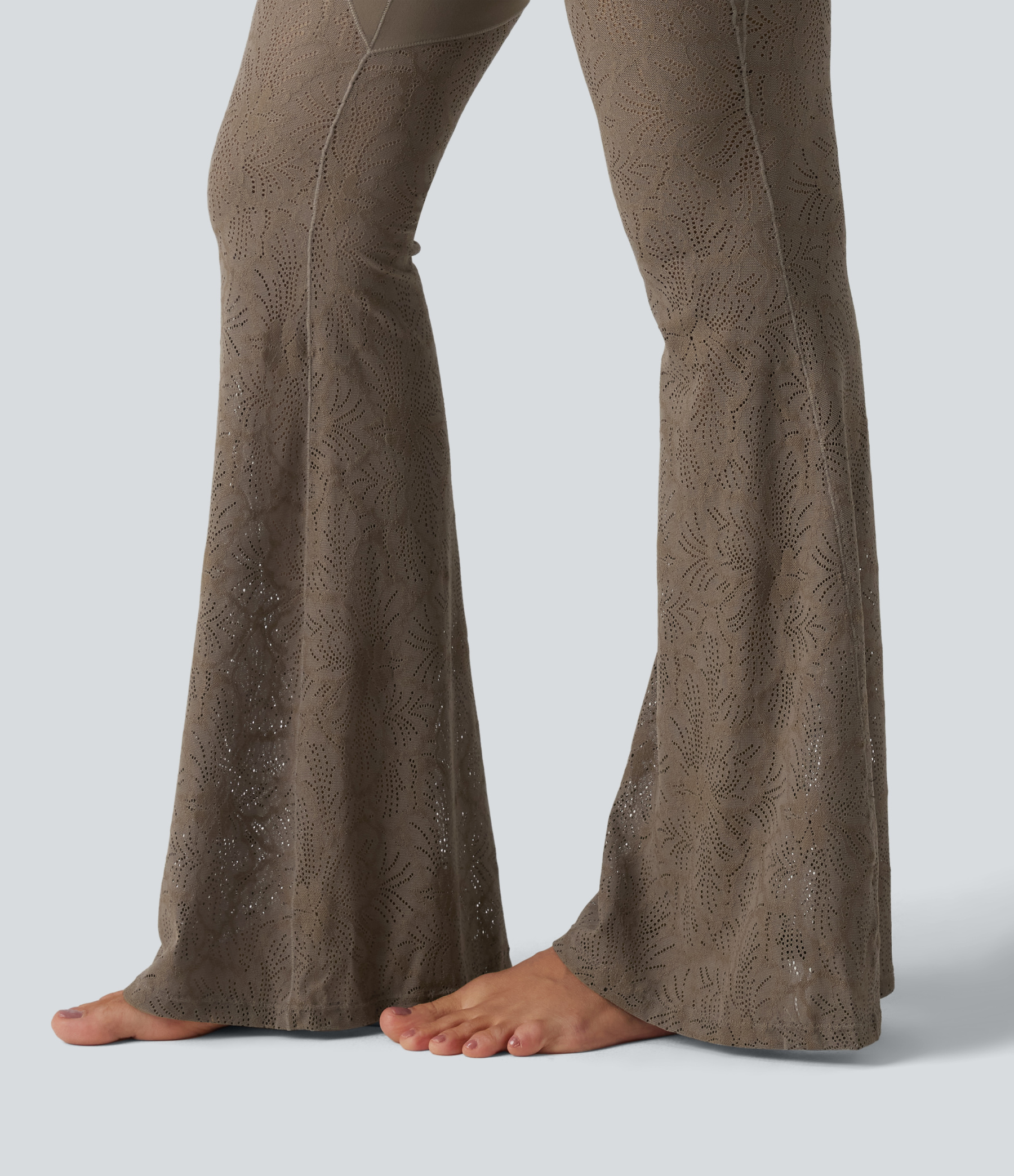 High Waisted Tummy Control Contrast Lace Yoga Flare Leggings with Pocket