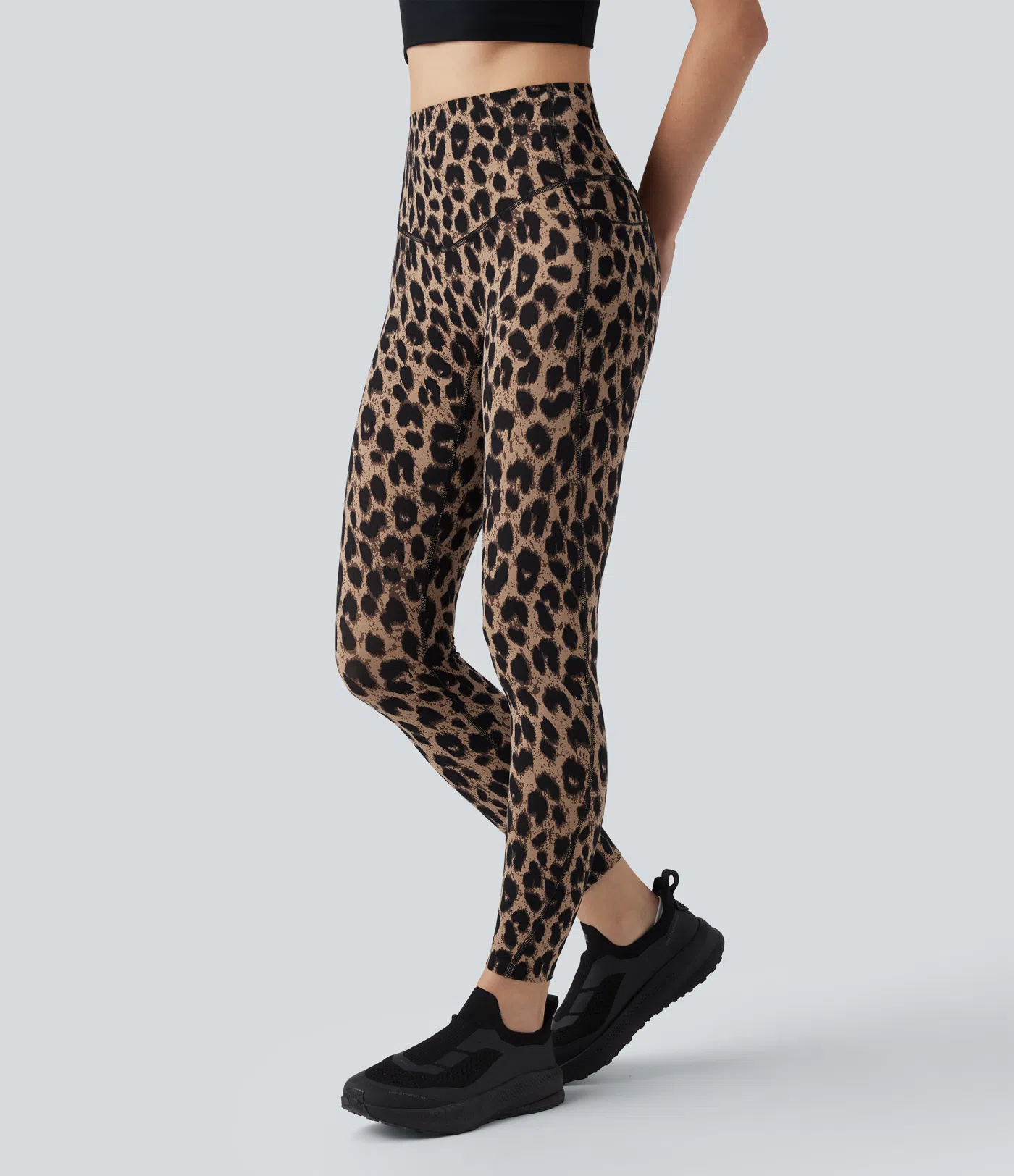 Leopard Print High Waisted Tummy Control Yoga Leggings with Pockets