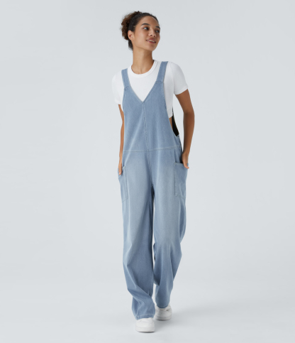 V Neck Pocket Washed Denim Casual Overalls