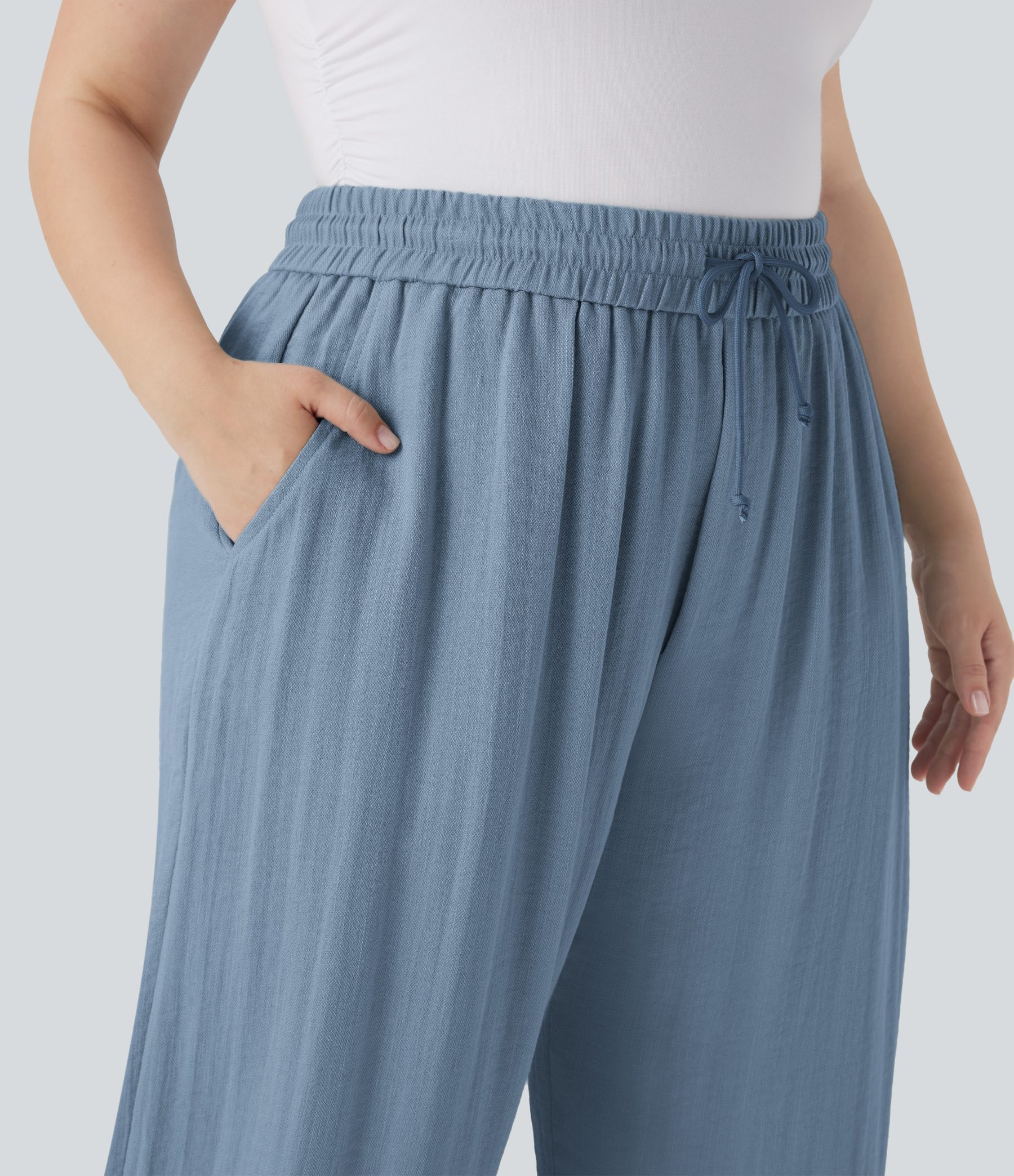 High Waisted Drawstring Linen-Feel Wide Leg Casual Plus Size Pants with Pockets