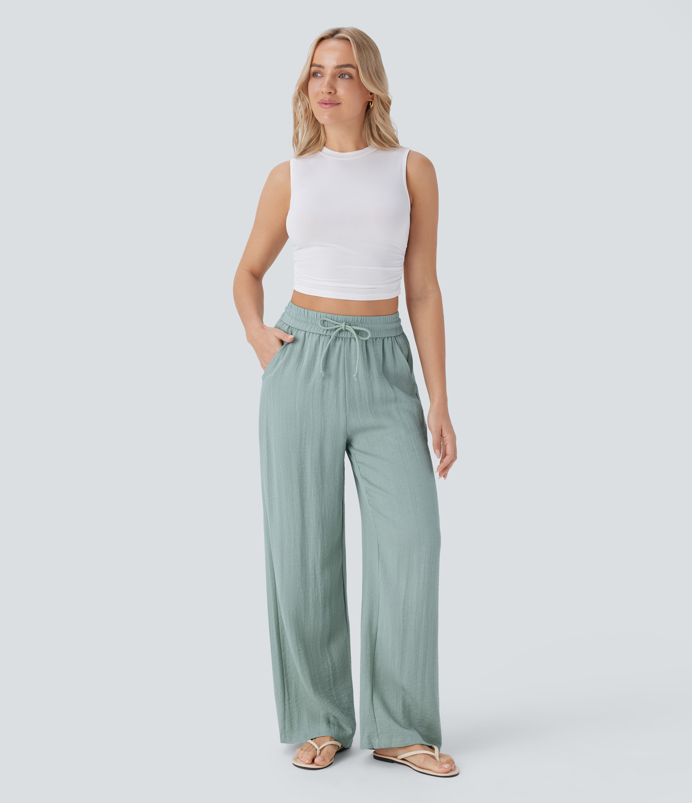 High Waisted Drawstring Pocket Wide Leg Casual Linen-Feel Pants