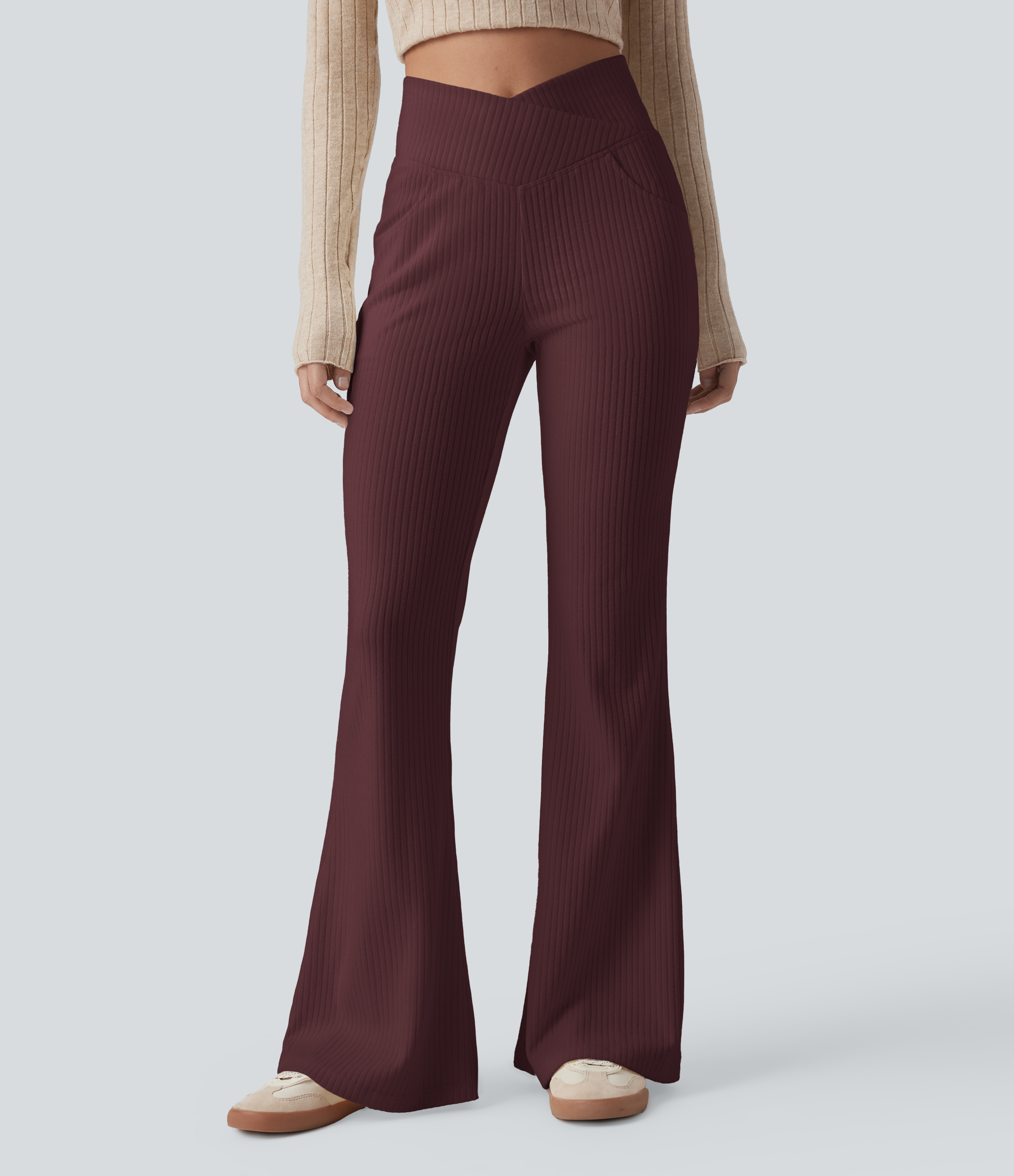 Ribbed Knit Crossover High Waisted Pocket Casual Flare Pants