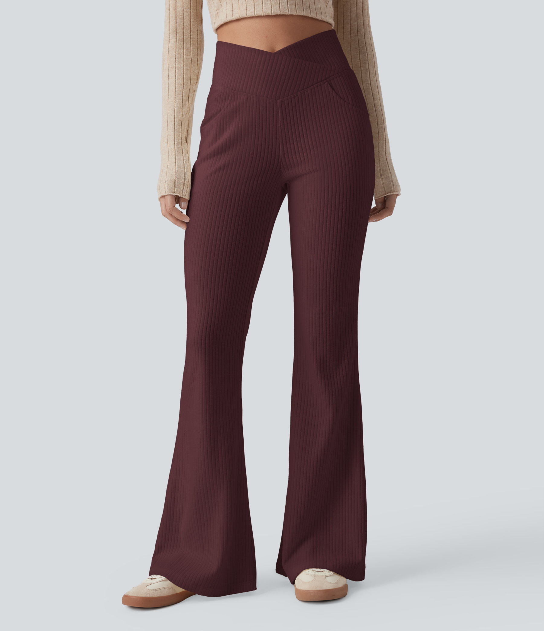 Ribbed Knit Crossover High Waisted Pocket Casual Flare Pants