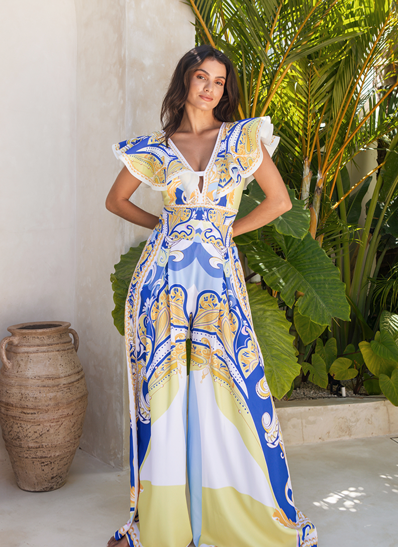 Ruffle V Neck Pattern Print One Piece Swimsuit and Sarong or Pants