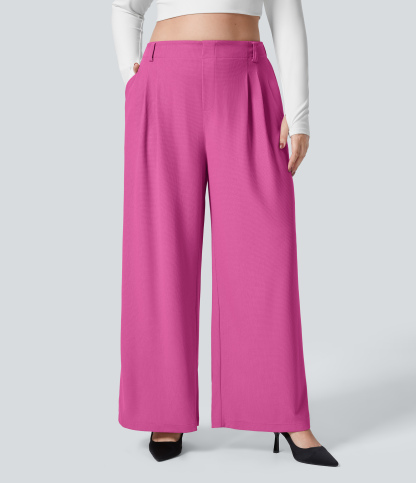 High Waisted Pocket Wide Leg Waffle Work Plus Size Pants