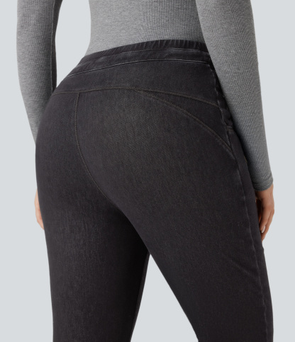 Denim Heat High Waisted Drawstring Casual Flare Leggings with Pockets