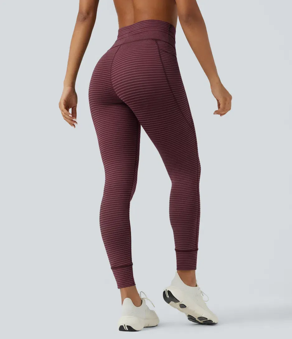 High Waisted Drawstring Striped Yoga Leggings with Pockets