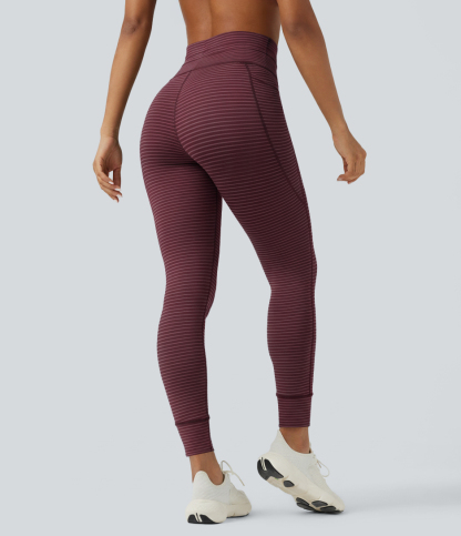High Waisted Drawstring Striped Yoga Leggings with Pockets